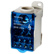 Блок розподільчий на DIN-рейку 250А (вхід 1х35...120 мм.кв.; вихід 2х6...35, 5х2,5...16, 4х2,5...10 мм.кв.), E.NEXT e.sn.pro.250 (p0680004)